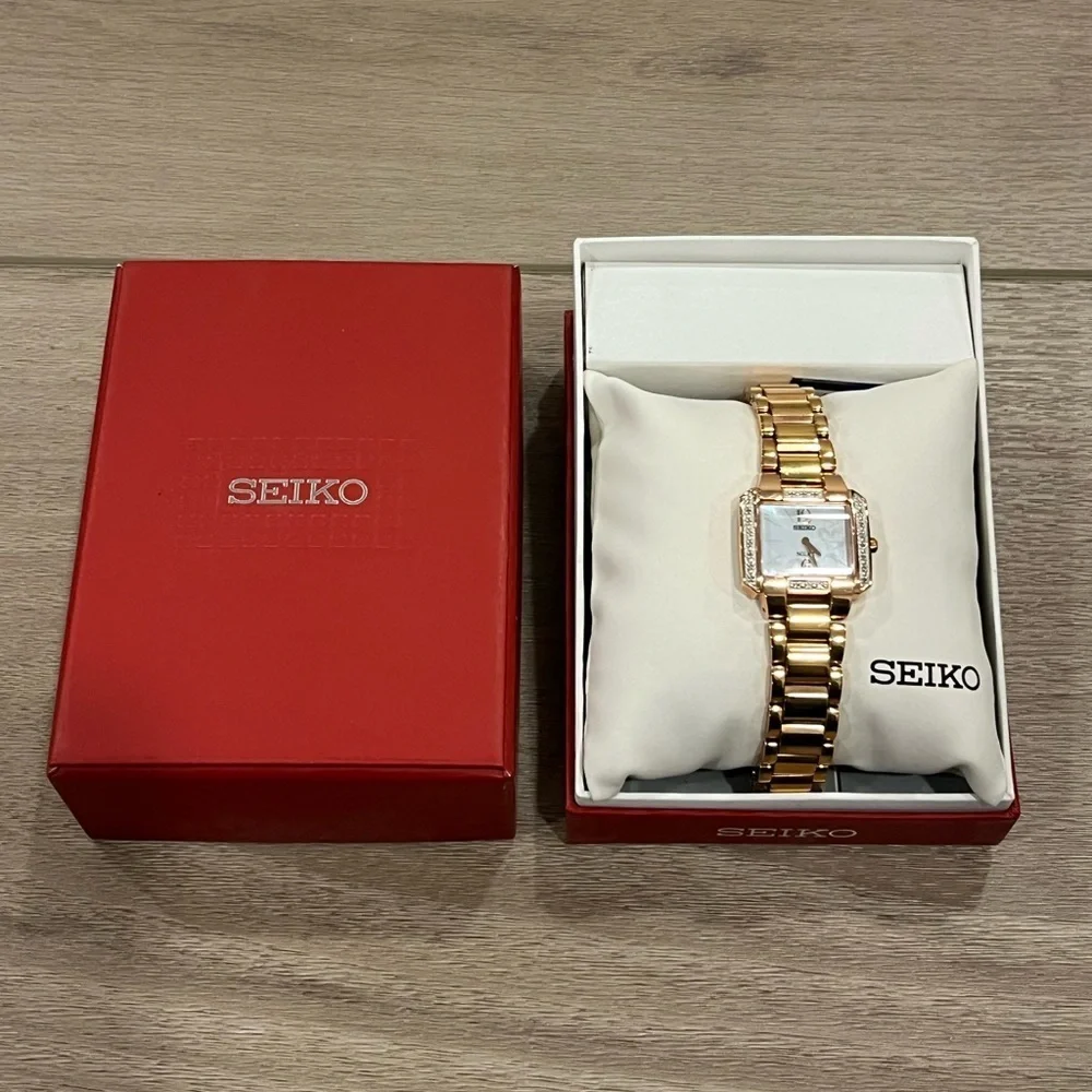 Seiko SUP212 Solar Rose Gold Tone Case Diamond White MOP Dial Womens Dress Watch
